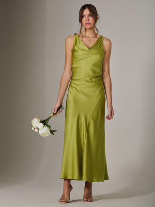 Twisted Shoulder Cowl Neck Midaxi Dress, Green