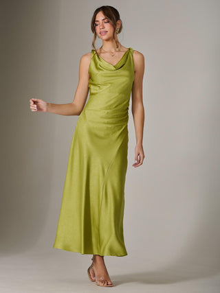 Twisted Shoulder Cowl Neck Midaxi Dress, Green