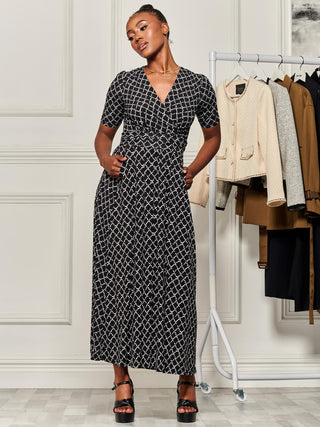 Wrap Front Jersey Maxi Dress, Black Geo