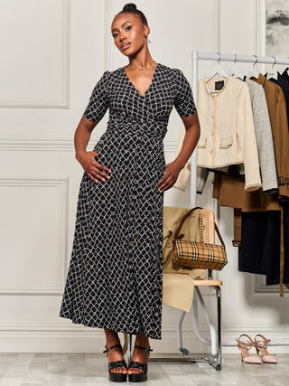 Wrap Front Jersey Maxi Dress, Black Geo