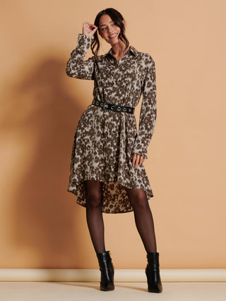 Abstract Print Dipped Hem Shirt Dress, Taupe Multi