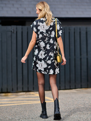Cowl Neck Tunic Mini Dress, Black Floral