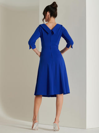 Fold Neckline Sleeved Midi Dress, Royal Blue