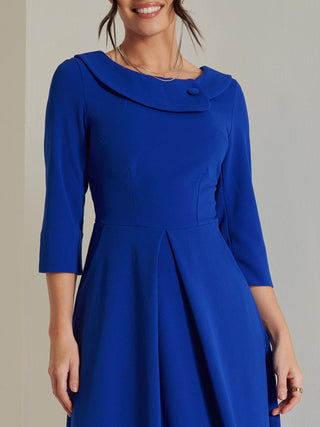 Fold Neckline Sleeved Midi Dress, Royal Blue