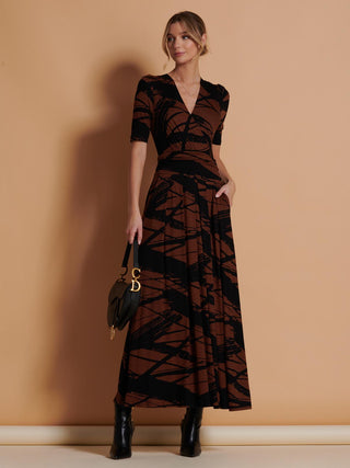 Wrap Front Viscose Maxi Dress, Black Abstract