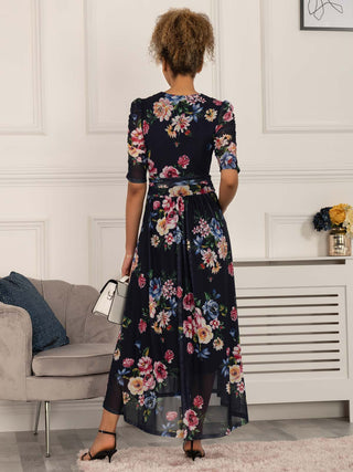 maxi dress, maxi dress uk, navy floral dress, sleeved dress, floral dress with sleeves, floral print dress, summer dress, three quarter sleeve dress, wedding guest, wedding guest dress, navy dress, mesh dress for women