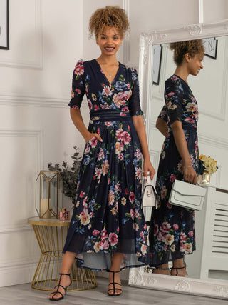 maxi dress, maxi dress uk, navy floral dress, sleeved dress, floral dress with sleeves, floral print dress, summer dress, three quarter sleeve dress, wedding guest, wedding guest dress, navy dress, mesh dress for women