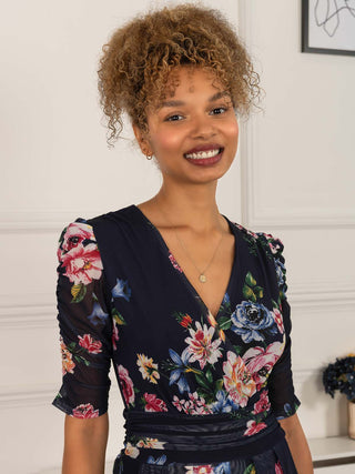 maxi dress, maxi dress uk, navy floral dress, sleeved dress, floral dress with sleeves, floral print dress, summer dress, three quarter sleeve dress, wedding guest, wedding guest dress, navy dress, mesh dress for women