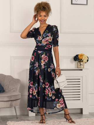 maxi dress, maxi dress uk, navy floral dress, sleeved dress, floral dress with sleeves, floral print dress, summer dress, three quarter sleeve dress, wedding guest, wedding guest dress, navy dress, mesh dress for women