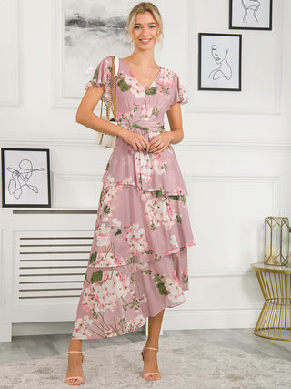 Elodie Tiered Mesh Maxi Dress, Dusty Pink