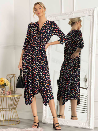 Jolie Moi Knot Front Hanky Hem Dress, Navy Floral