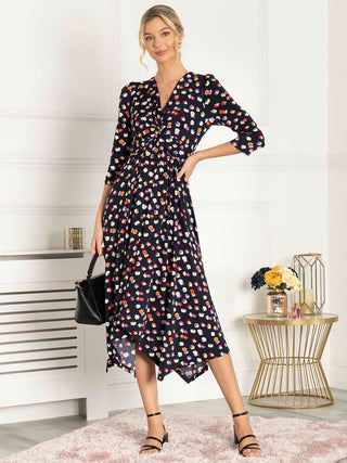 Jolie Moi Knot Front Hanky Hem Dress, Navy Floral