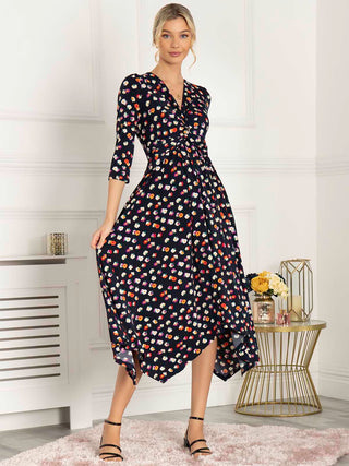 Jolie Moi Knot Front Hanky Hem Dress, Navy Floral