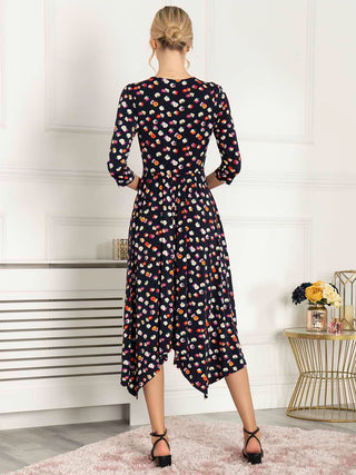 Jolie Moi Knot Front Hanky Hem Dress, Navy Floral