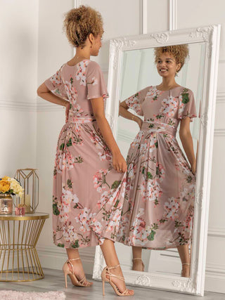 Mabelle Flare Sleeve Mesh Maxi Dress, Pink Floral