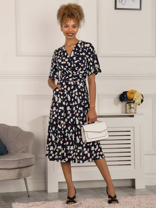 midi dress with sleeves, midi dress, midi dress for women, midi dress with short sleeves, midi dress uk, wedding guest dress, casual dress, summer midi dress uk, navy midi dress navy midi dress with sleeves, floral print dress for women