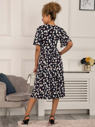 midi dress with sleeves, midi dress, midi dress for women, midi dress with short sleeves, midi dress uk, wedding guest dress, casual dress, summer midi dress uk, navy midi dress navy midi dress with sleeves, floral print dress for women