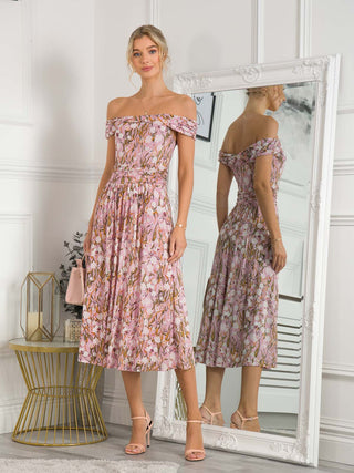 midi dress, off shoulder midi dress, floral midi dress, wedding guest dress, wedding guest, pink floral midi dress, summer dress uk, midi dress uk, floral midi dresses for women, mesh midi dress, mesh wedding guest dress, floral print mesh dress