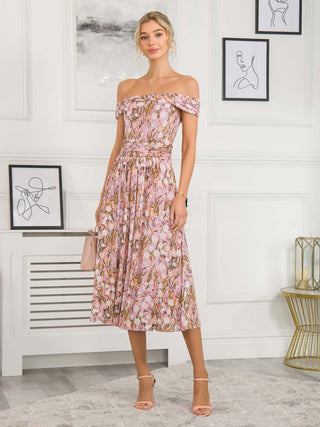 midi dress, off shoulder midi dress, floral midi dress, wedding guest dress, wedding guest, pink floral midi dress, summer dress uk, midi dress uk, floral midi dresses for women, mesh midi dress, mesh wedding guest dress, floral print mesh dress