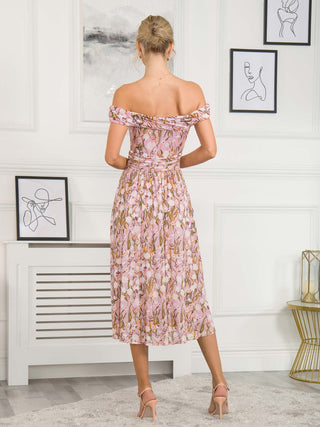 midi dress, off shoulder midi dress, floral midi dress, wedding guest dress, wedding guest, pink floral midi dress, summer dress uk, midi dress uk, floral midi dresses for women, mesh midi dress, mesh wedding guest dress, floral print mesh dress