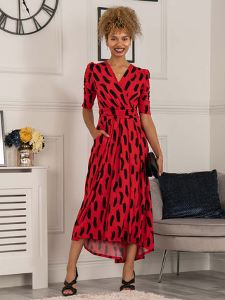 red maxi dress, dresses, maxi dress, maxi dress uk, red dress uk, red dress for women, red maxi evening dress, abstract print dress, red maxi dress with sleeves uk, sleeved dress, three quarter sleeve dress, valentines dress,