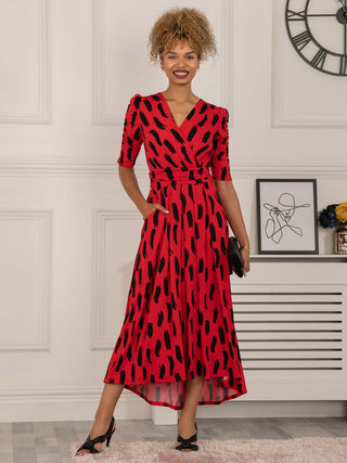 red maxi dress, dresses, maxi dress, maxi dress uk, red dress uk, red dress for women, red maxi evening dress, abstract print dress, red maxi dress with sleeves uk, sleeved dress, three quarter sleeve dress, valentines dress,