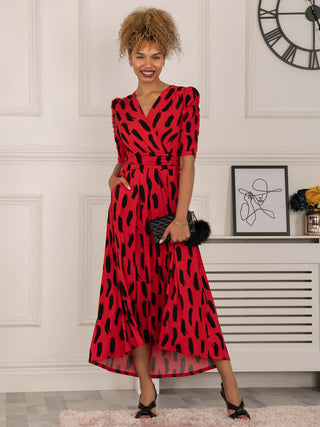 red maxi dress, dresses, maxi dress, maxi dress uk, red dress uk, red dress for women, red maxi evening dress, abstract print dress, red maxi dress with sleeves uk, sleeved dress, three quarter sleeve dress, valentines dress,