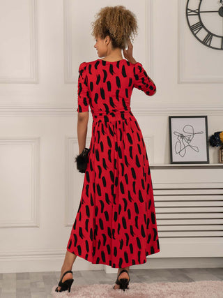 red maxi dress, dresses, maxi dress, maxi dress uk, red dress uk, red dress for women, red maxi evening dress, abstract print dress, red maxi dress with sleeves uk, sleeved dress, three quarter sleeve dress, valentines dress,