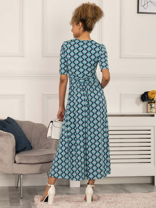 green dress, green maxi dress, green geometric maxi dress with sleeves, sleeved dress, wedding guest dress, maxi dress, maxi dress uk, geometric dress, green dress for women, animal print dress, animal dress