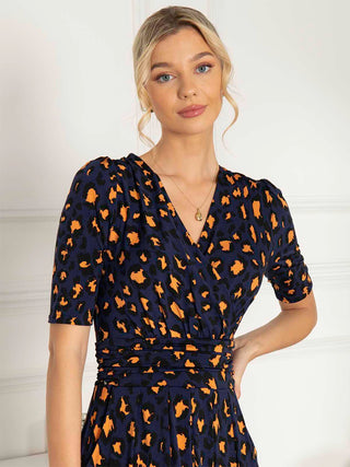 Josie Animal Print Wrap Neck Maxi Dress, Navy Animal